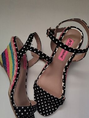 Betsey Johnson Black Polka Dot Wedge Sandals with Rainbow Espadrille Heel